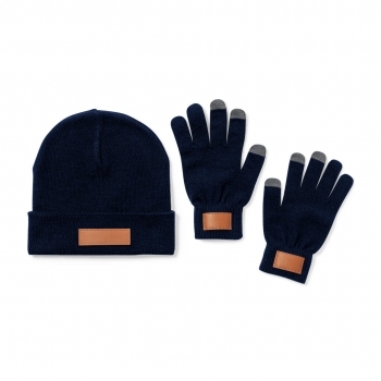 Set de gorro y guantes táctiles en acrílico con parche de polipiel cosido para marcaje — talla única adulto