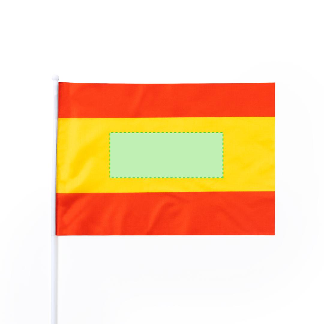 Banderín Saraik España — poliéster 170T, 29,5x20 cm, mástil blanco 40 cm con bola en extremo