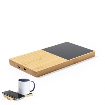 Calentador de tazas de bambú con cargador inalámbrico 10W y USB
