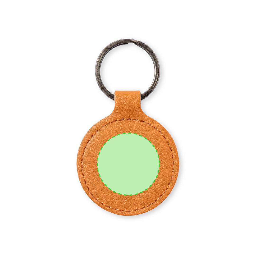 Llavero circular de cuero reciclado marrón cosido con distintivo reciclado 4,8×5,7 cm