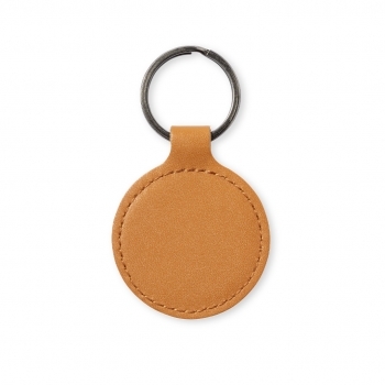 Llavero circular de cuero reciclado marrón cosido con distintivo reciclado 4,8×5,7 cm