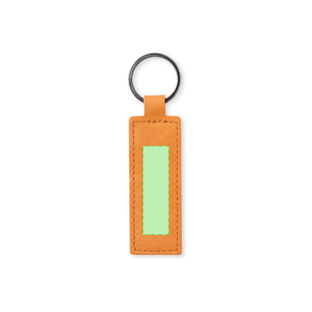 Llavero rectangular de cuero reciclado marrón cosido con distintivo reciclado 3×8,8 cm