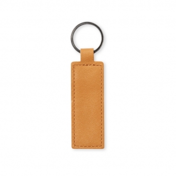 Llavero rectangular de cuero reciclado marrón cosido con distintivo reciclado 3×8,8 cm