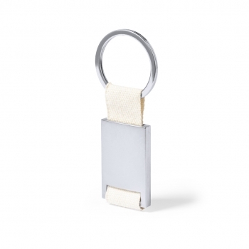 Llavero metálico plateado con cinta 100% algodón natural en bolsa individual