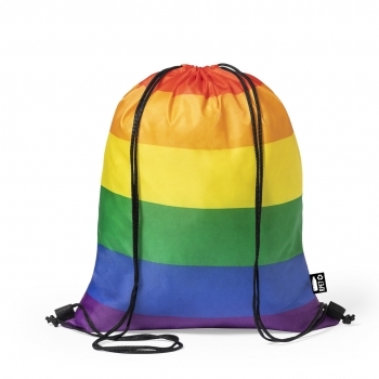 Mochila de cuerdas Rainbow de RPET 210T multicolor con cordones negros 34×42 cm