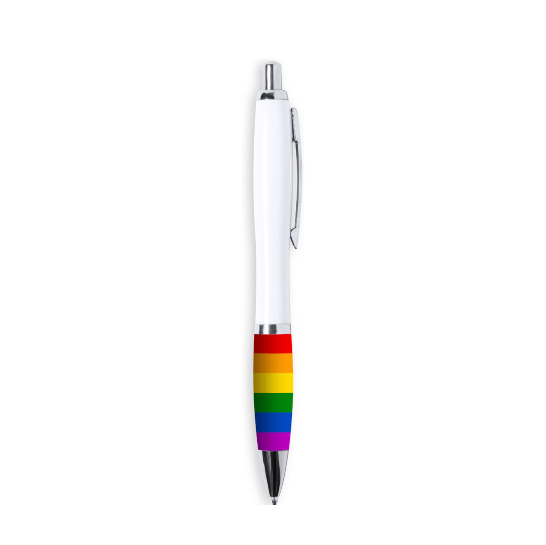 Bolígrafo Rainbow multicolor con pulsador clip metálico y accesorios cromados