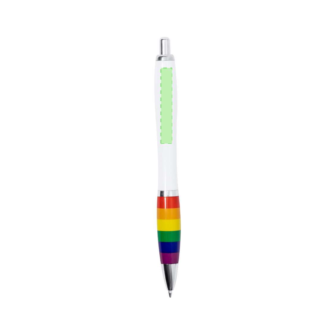 Bolígrafo Rainbow multicolor con pulsador clip metálico y accesorios cromados