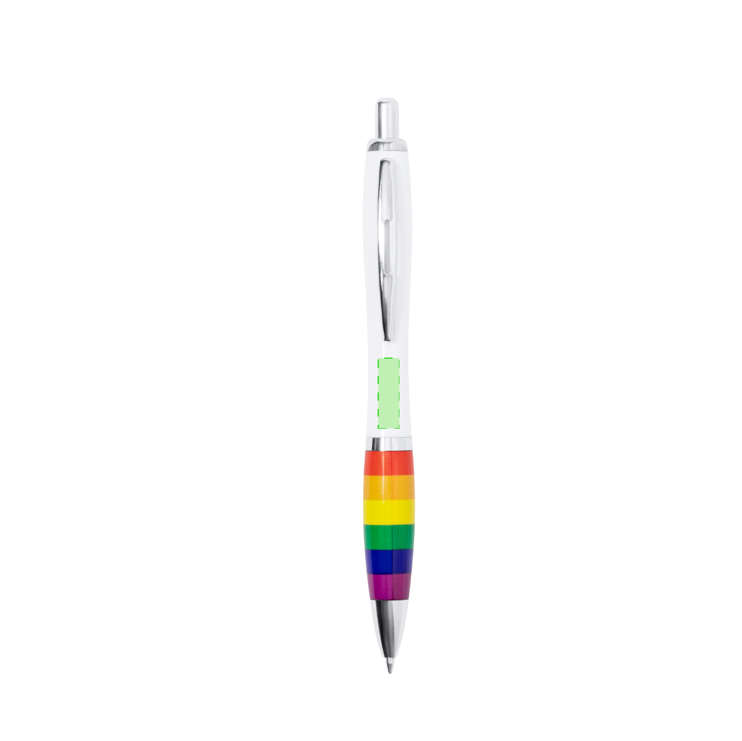 Bolígrafo Rainbow multicolor con pulsador clip metálico y accesorios cromados