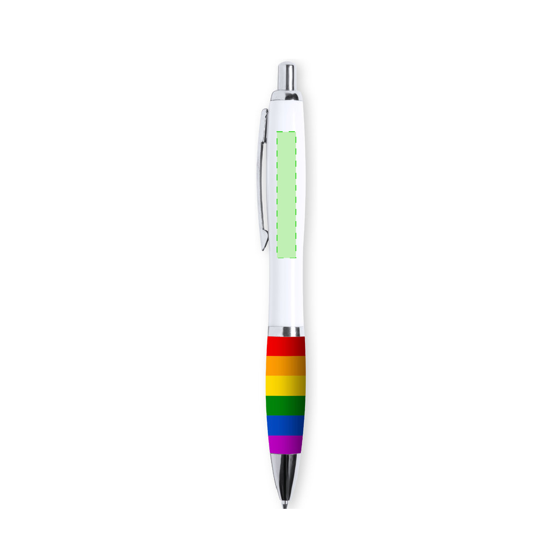 Bolígrafo Rainbow multicolor con pulsador clip metálico y accesorios cromados