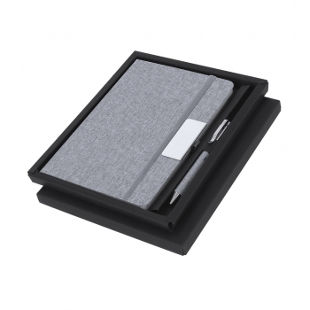 Set textil de RPET 300D con bloc 100 hojas y bolígrafo metálico