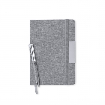 Set textil de RPET 300D con bloc 100 hojas y bolígrafo metálico