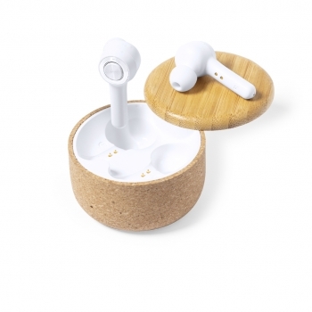 Auriculares Bluetooth 5.0 con base de carga en corcho natural y tapa de bambú, LED carga