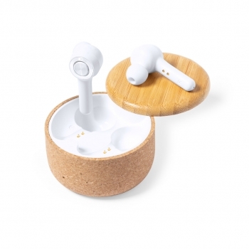 Auriculares Bluetooth 5.0 con base de carga en corcho natural y tapa de bambú, LED carga