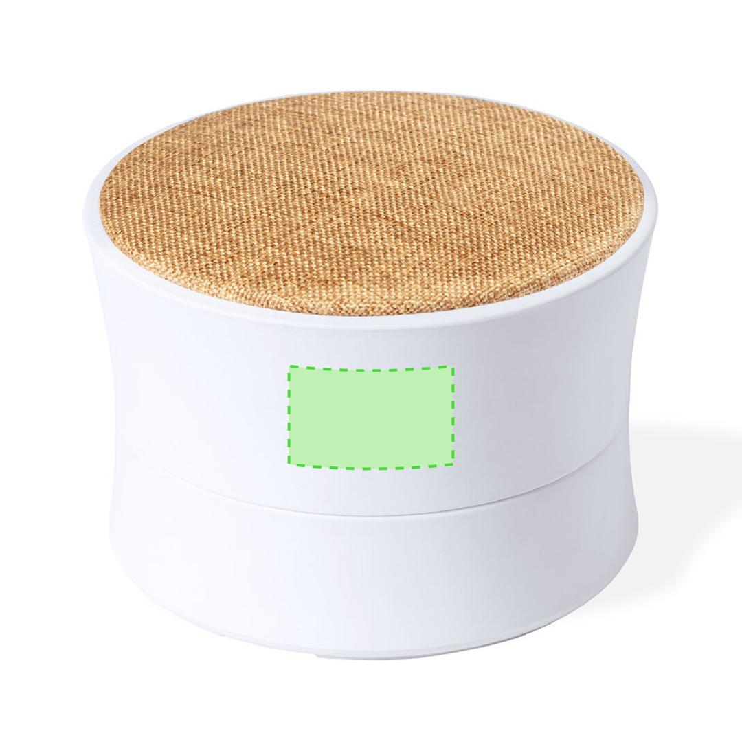 Altavoz Bluetooth compacto con cuerpo ABS blanco, rejilla en variados colores y batería 300 mAh USB-C