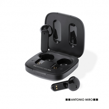 Auriculares Bluetooth 5.0 Antonio Miró en negro mate con base carga a juego, táctil y diseño premium