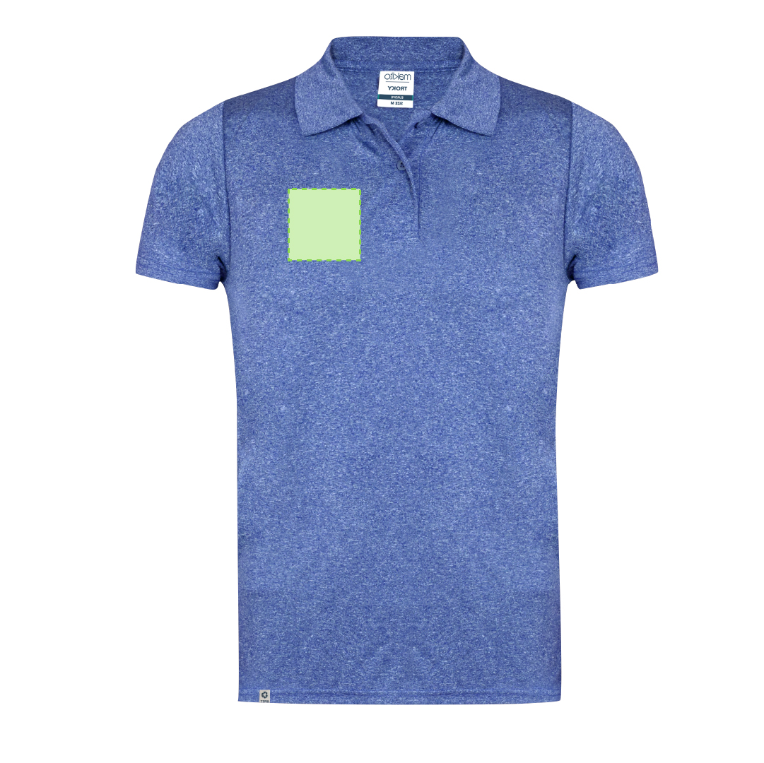 Polo técnico Troky adulto — 100% poliéster RPET 150 g/m² con efecto melange, doble costura, etiqueta RPET exterior y etiqueta removible