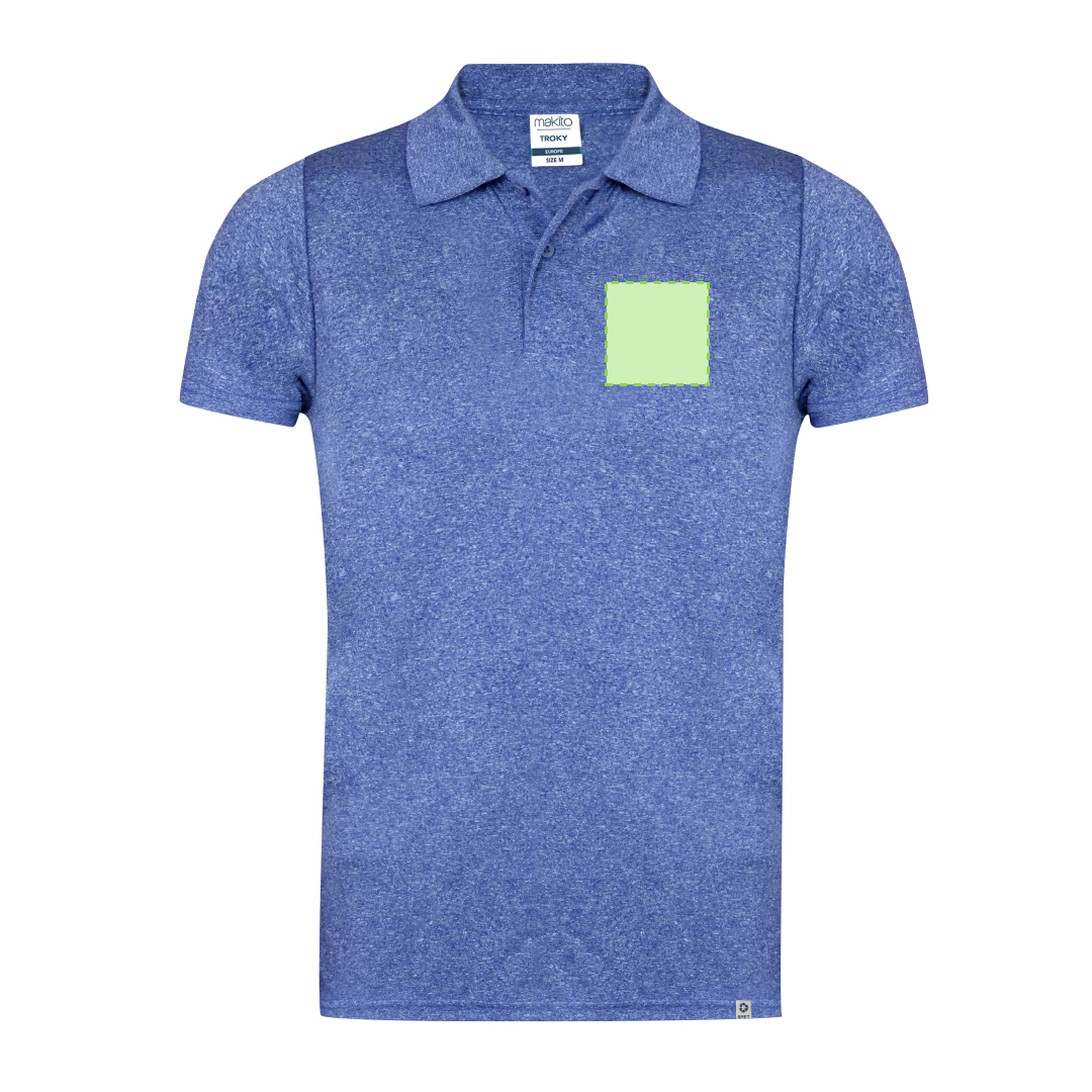 Polo técnico Troky adulto — 100% poliéster RPET 150 g/m² con efecto melange, doble costura, etiqueta RPET exterior y etiqueta removible