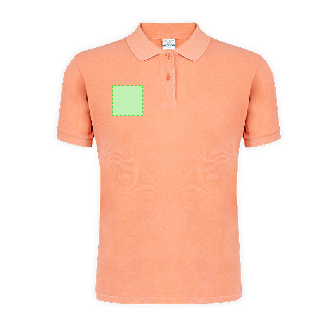 Polo Ken adulto — 100% algodón Ring Spun piqué 180 g/m² con efecto lavado jeans único, detalle contraste en cuello y mangas
