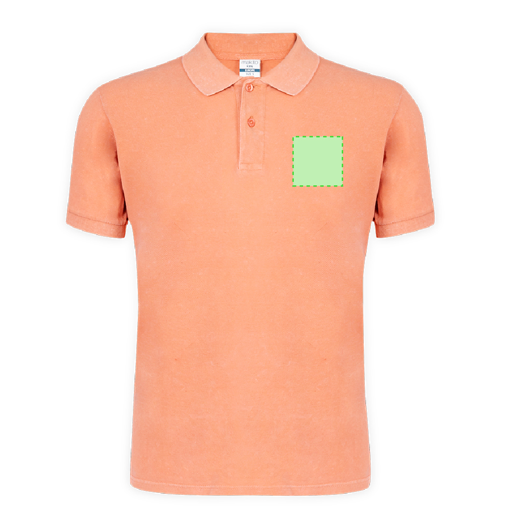 Polo Ken adulto — 100% algodón Ring Spun piqué 180 g/m² con efecto lavado jeans único, detalle contraste en cuello y mangas