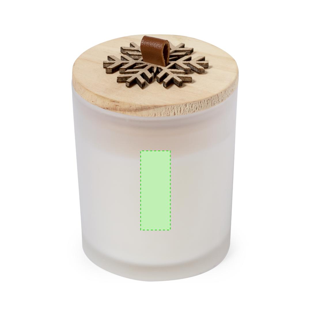 Vela aromática navideña Lilnax — aroma vainilla, cristal con tapa bambú en relieve copo de nieve, presentada en caja kraft individual