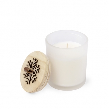Vela aromática navideña Lilnax — aroma vainilla, cristal con tapa bambú en relieve copo de nieve, presentada en caja kraft individual