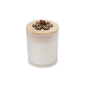 Vela aromática navideña Lilnax — aroma vainilla, cristal con tapa bambú en relieve copo de nieve, presentada en caja kraft individual