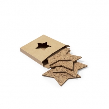 Set posavasos navideños Danop de corcho — 4 piezas en forma de estrella, presentados en caja kraft con estrella troquelada