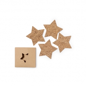 Set posavasos navideños Danop de corcho — 4 piezas en forma de estrella, presentados en caja kraft con estrella troquelada