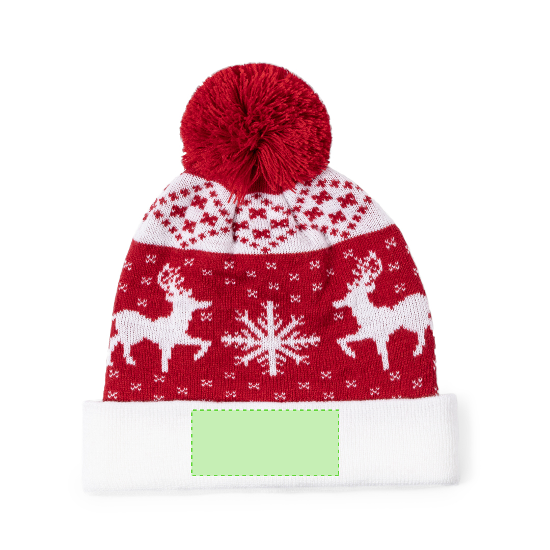 Gorro navideño Elenix con pom pom — acrílico suave con motivos navideños, pom pom a juego, zona especial marcaje, presentación en bolsa reciclada