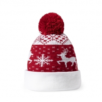 Gorro navideño Elenix con pom pom — acrílico suave con motivos navideños, pom pom a juego, zona especial marcaje, presentación en bolsa reciclada
