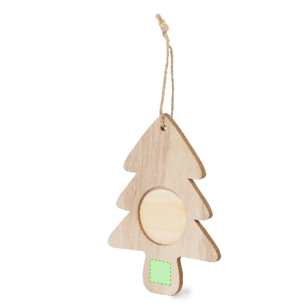 Adorno portafotos navideño Jorik de madera — ventana 4x4 cm, 3 diseños (Copo Nieve, Árbol, Estrella), colgador en yute natural, bolsa reciclada
