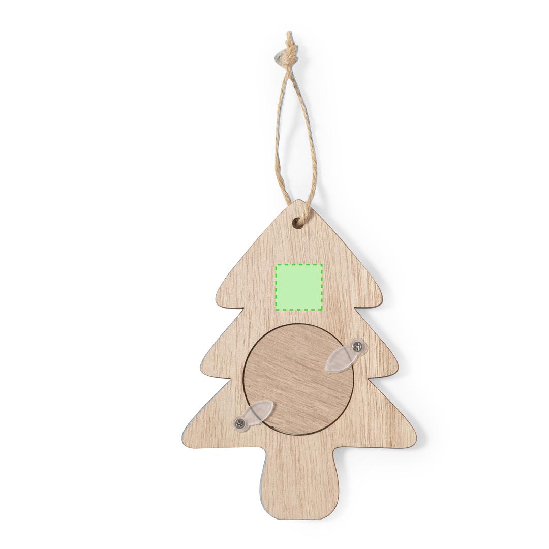Adorno portafotos navideño Jorik de madera — ventana 4x4 cm, 3 diseños (Copo Nieve, Árbol, Estrella), colgador en yute natural, bolsa reciclada