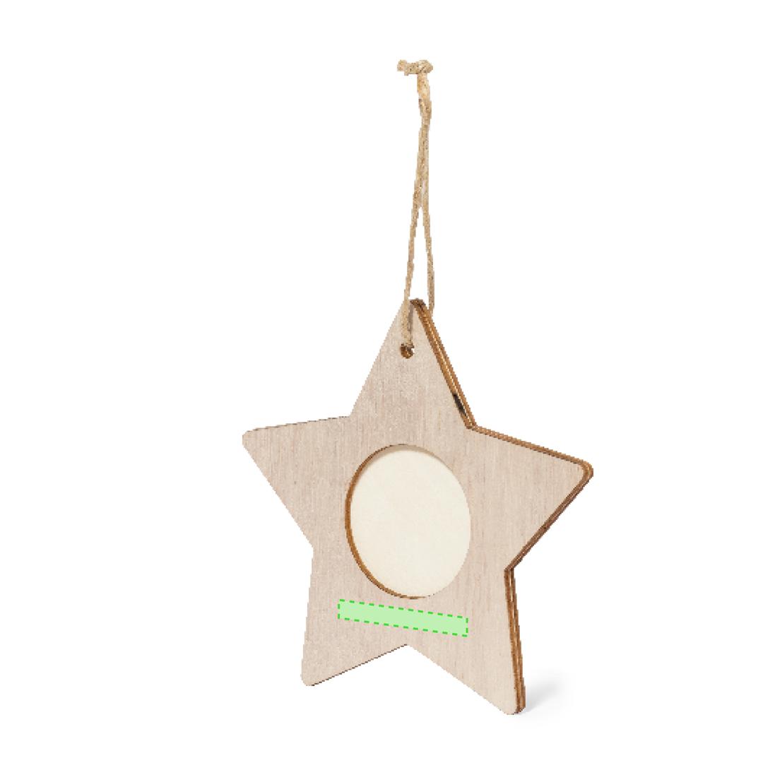 Adorno portafotos navideño Jorik de madera — ventana 4x4 cm, 3 diseños (Copo Nieve, Árbol, Estrella), colgador en yute natural, bolsa reciclada