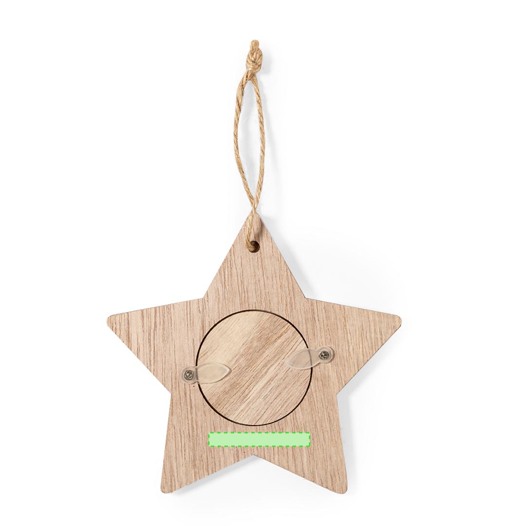 Adorno portafotos navideño Jorik de madera — ventana 4x4 cm, 3 diseños (Copo Nieve, Árbol, Estrella), colgador en yute natural, bolsa reciclada