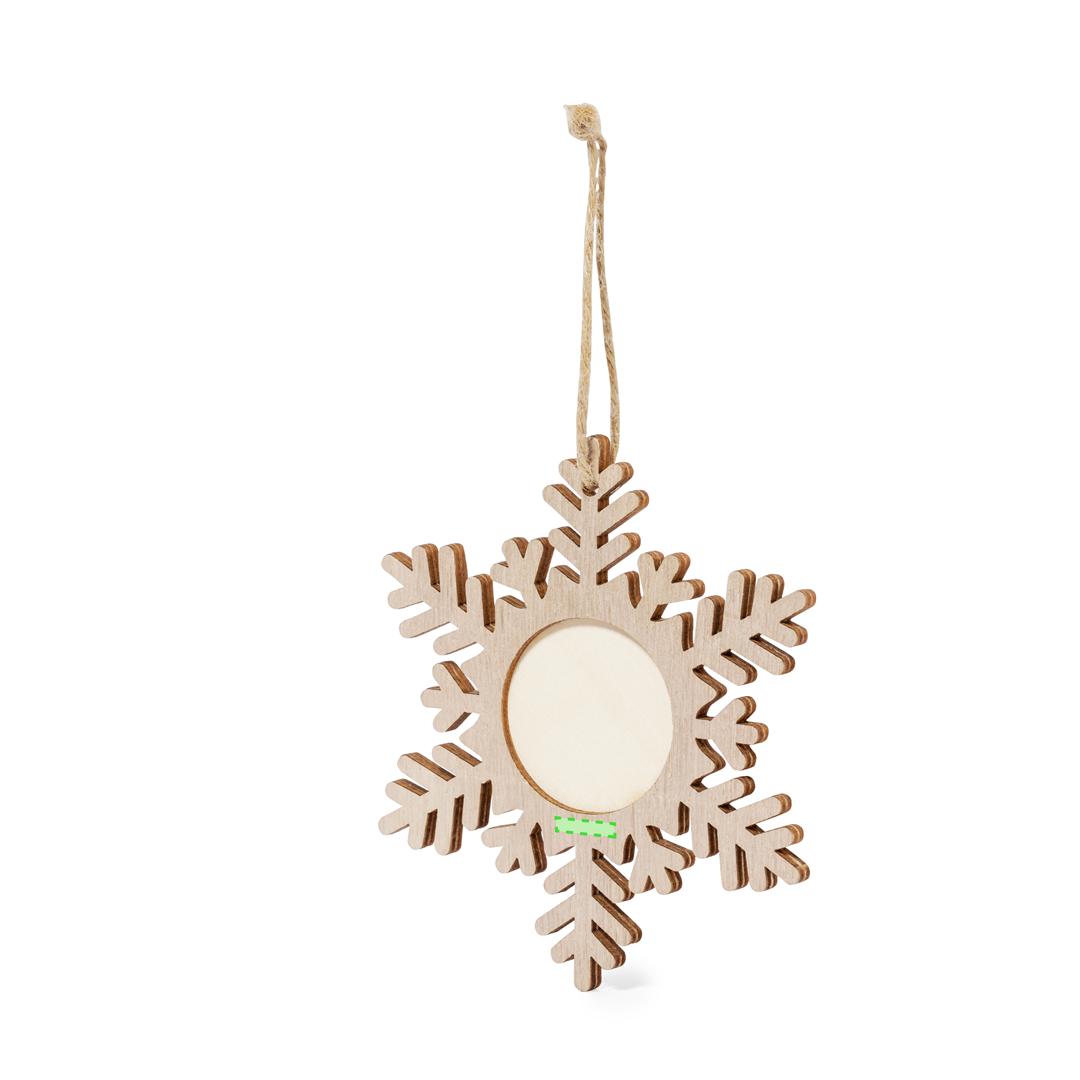 Adorno portafotos navideño Jorik de madera — ventana 4x4 cm, 3 diseños (Copo Nieve, Árbol, Estrella), colgador en yute natural, bolsa reciclada