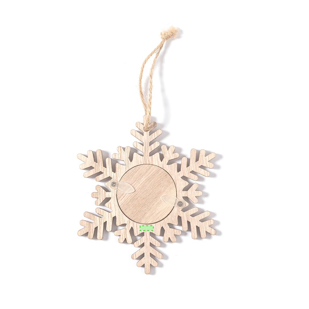 Adorno portafotos navideño Jorik de madera — ventana 4x4 cm, 3 diseños (Copo Nieve, Árbol, Estrella), colgador en yute natural, bolsa reciclada