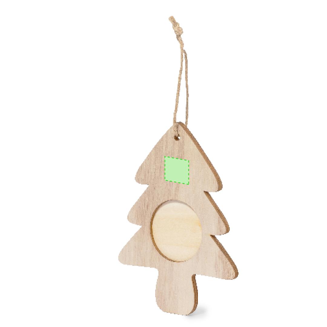 Adorno portafotos navideño Jorik de madera — ventana 4x4 cm, 3 diseños (Copo Nieve, Árbol, Estrella), colgador en yute natural, bolsa reciclada