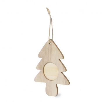 Adorno portafotos navideño Jorik de madera — ventana 4x4 cm, 3 diseños (Copo Nieve, Árbol, Estrella), colgador en yute natural, bolsa reciclada