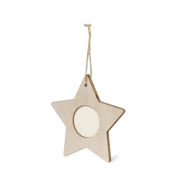 Adorno portafotos navideño Jorik de madera — ventana 4x4 cm, 3 diseños (Copo Nieve, Árbol, Estrella), colgador en yute natural, bolsa reciclada