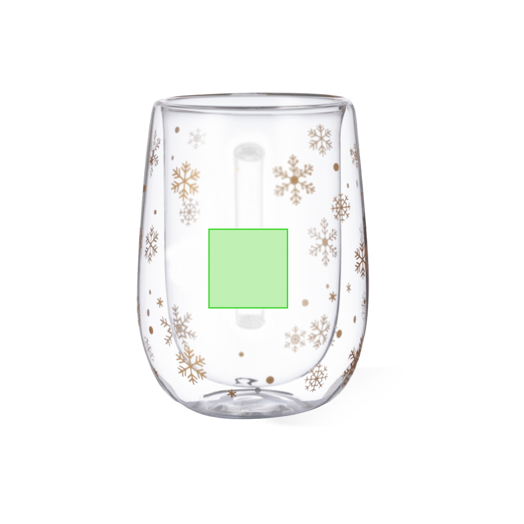 Taza navideña térmica Doglex de cristal borosilicato — doble pared 400 ml, diseño copos de nieve, área marcaje especial, presentación en caja negra dorada