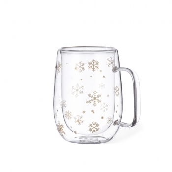 Taza navideña térmica Doglex de cristal borosilicato — doble pared 400 ml, diseño copos de nieve, área marcaje especial, presentación en caja negra dorada