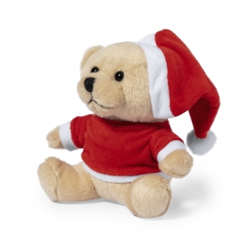 Oso peluche navideño Kuisy — con camiseta personalizable y gorro de Papá Noel, presentado en bolsa reciclada