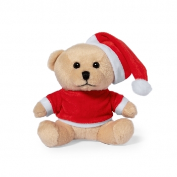 Oso peluche navideño Kuisy — con camiseta personalizable y gorro de Papá Noel, presentado en bolsa reciclada