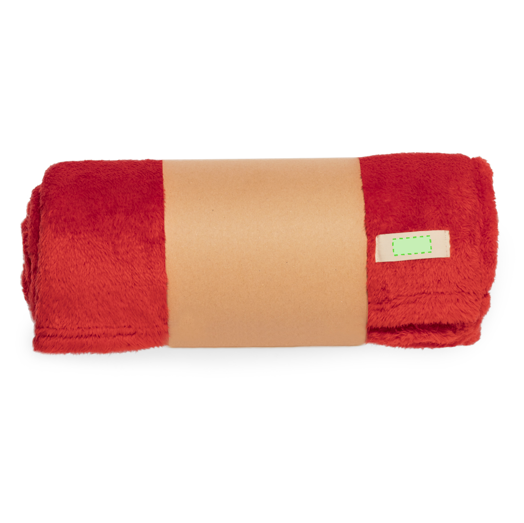 Manta de coral fleece anti-pilling de 260 g/m² con parche cosido de poliéster para marcaje — en funda de cartón reciclado