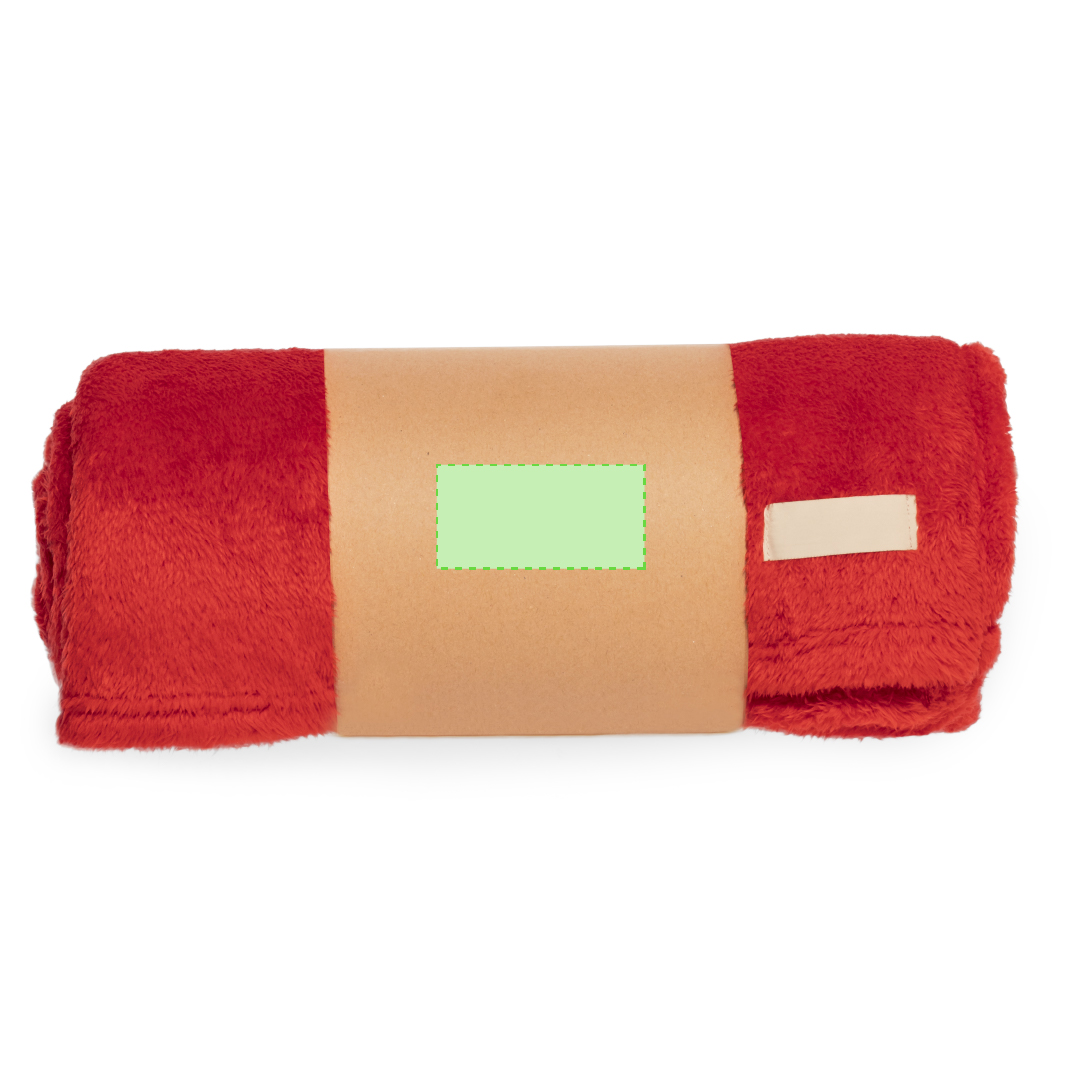 Manta de coral fleece anti-pilling de 260 g/m² con parche cosido de poliéster para marcaje — en funda de cartón reciclado