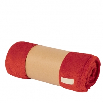 Manta de coral fleece anti-pilling de 260 g/m² con parche cosido de poliéster para marcaje — en funda de cartón reciclado