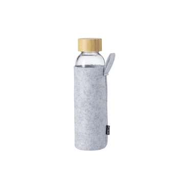 Bidón circular de cristal con funda de fieltro RPET y bambú 500 ml
