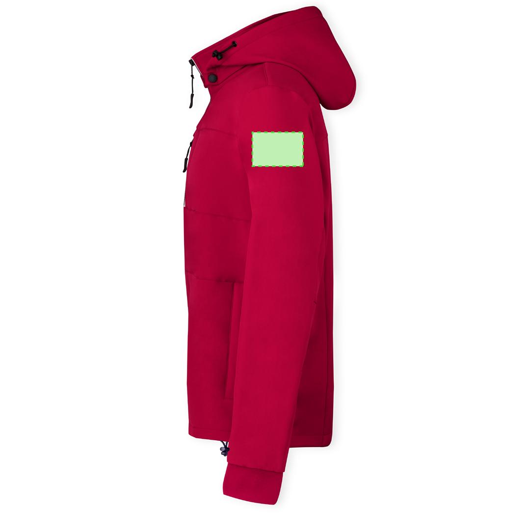 Chaqueta Grechel adulto soft shell triple capa — 300 g/m² con capucha ajustable desmontable, interior micropolar en contraste, puños de punto y cordón en dobladillo