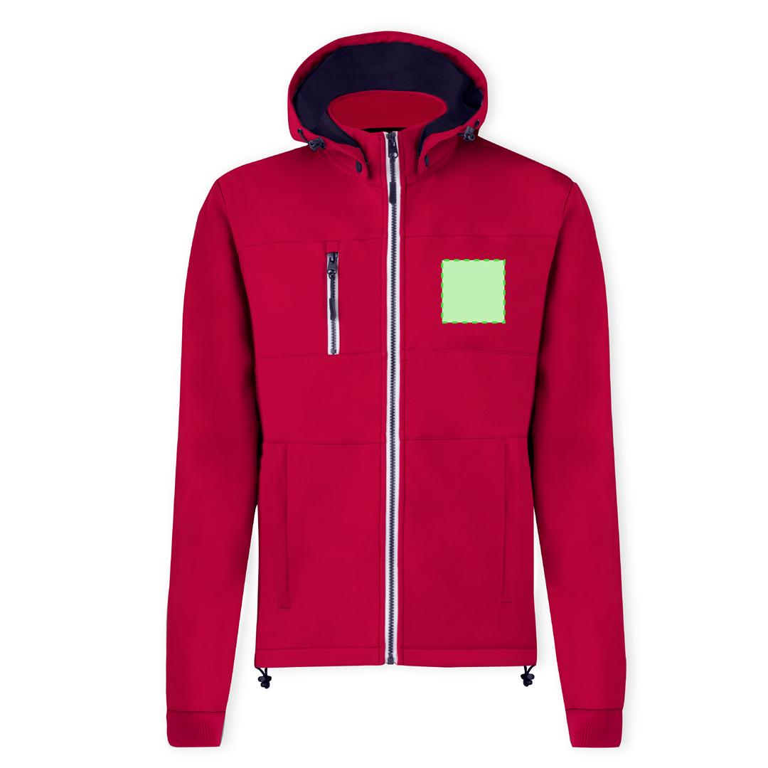 Chaqueta Grechel adulto soft shell triple capa — 300 g/m² con capucha ajustable desmontable, interior micropolar en contraste, puños de punto y cordón en dobladillo
