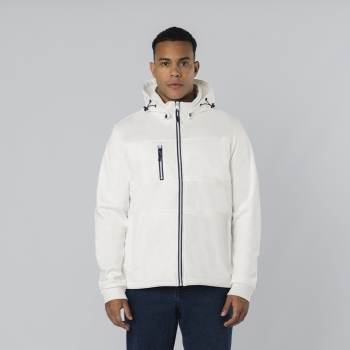 Chaqueta Grechel adulto soft shell triple capa — 300 g/m² con capucha ajustable desmontable, interior micropolar en contraste, puños de punto y cordón en dobladillo